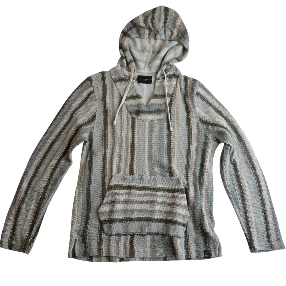 Lucky Brand Baja Hoodie Mens M Blue Green Striped Pullover Poncho Drug Rug Beach